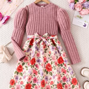 Girls' Fashionable Casual Long-Sleeve Floral Dress with Waist-Cinching Bow, Spring, Autumn, and Winter Styles. European and American Girls' Brushed Irregular Ribbed Puff-Sleeve Knit Dress. Teenage Girls' Elegant and Sweet Style Waist-Cinching Floral Print Princess Dress, Umbrella Dress, Girls' Patchwork Dress, Autumn Dress, Suitable for Ages 8-9-10-11-12, Suitable for Outdoor, Daily Wear, Casual Wear, Parties, Holiday Gifts, Parties