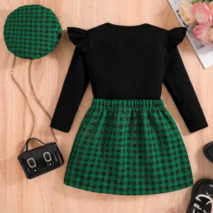 Children's clothing, girls' autumn new fashionable solid color long sleeved top+Thousand Bird plaid skirt+Beret 3-piece set