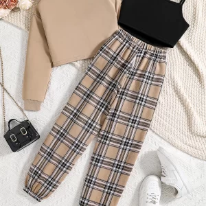 Spring and Autumn New Children's Fashion New Girls' Set 3-Piece Khaki Round Neck Long Sleeve Short+Black Strap+Checkered Pants