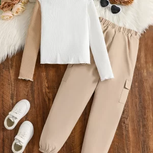 Children's Autumn Girls' Fashion Set - Color blocked Splicing Knitted Round Neck Long Sleeve+Apricot Slimming Long Pants 2-piece