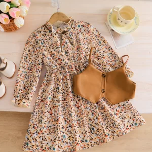 2-Piece Set: Girls' Fashionable Camisole Vest Top + Ruffled Collar Long-Sleeve Dress for Spring, Autumn, and Winter. Girls' Floral Pullover Dress Paired with Pu Leather Vest, Trendy Clothing. Teenage Casual Dress Vest Set, Elegant Style for Young Ladies, Suitable for Ages 4-5-6-7-8, Suitable for Outdoor Activities, Casual Wear, Parties, Holiday Gifts