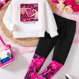 2 pieces set girls spring autumn round neck cartoon printed long sleeve top patchwork casual pants kids fashion clothing