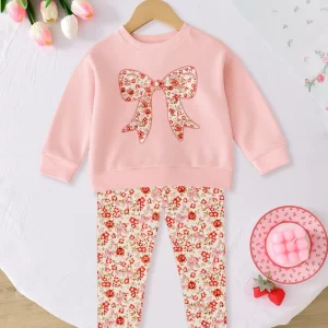 2-Piece Set for Girls, Fashionable Long-Sleeve and Long-Pants Outfit for Spring, Autumn, and Winter. Girls' Bow-Knot Floral Print Crew Neck Sweatshirt T-Shirt Top + Elastic Waist Long Pants. Girls' Everyday Soft Versatile Youthful Stylish Casual Sports Pullover with Pants. Children's Autumn Clothes and Pants. Suitable for Ages 3-4-5-6-7. Suitable for Outdoor Activities, Casual Wear, Parties, Vacations, Holiday Gifts