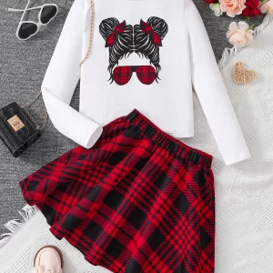 Children's clothing autumn girls' fashion set, white cartoon printed knitted round neck top+red checkered pleated skirt 2-piece