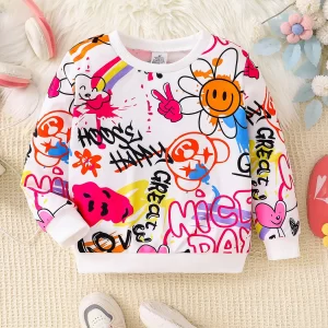 Spring and Autumn Girls' Fashionable Round-Neck Graffiti Full-Print Long-Sleeve Base Shirt, Suitable for 4-8 Year Old Girls, Can Be Worn for Daily Casual Wear, Outdoor Activities, or as a Gift