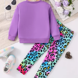 Children's and Women's Autumn Fashion Set 2-piece Set Purple Knitted Round Neck Long Sleeve+Multi Color Leopard Pattern Pants