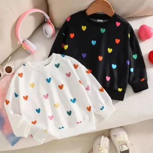 2-Pack Spring and Autumn Baby Girl Colorful Heart Print Casual Sweatshirt Outdoor Street Round Neck T-Shirt Cute Casual Top for Baby Girls Newborn Children's Sports T-Shirt Pullover Long Sleeve Comfortable Autumn and Winter Style 0-1-2-3 Years 6-9 Months Suitable for Outdoor Daily Casual Party Birthday Gift