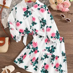 Autumn New Girls' Suit Sweet Flower Print Lapel Long Sleeve Shirt Pleated Skirt 2 Piece Suit