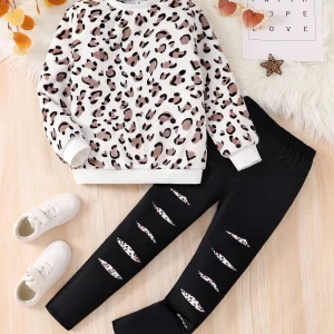 2 pieces spring and autumn girls' fashion set; leopard print round neck long sleeve top; solid color slim fit pants.