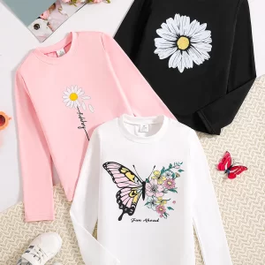 4-Pack of Girls' Spring and Autum Thin New Bottoming Round Neck Loose Versatile Long-Sleeved Tops Printed Children's Clothing